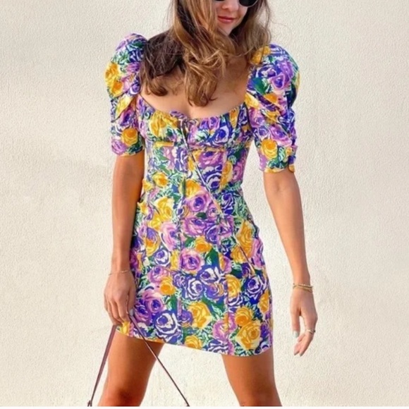 Zara Purple/Yellow/Blue Floral Print Corset Style Puff Sleeve Mini Dress - Picture 1 of 5